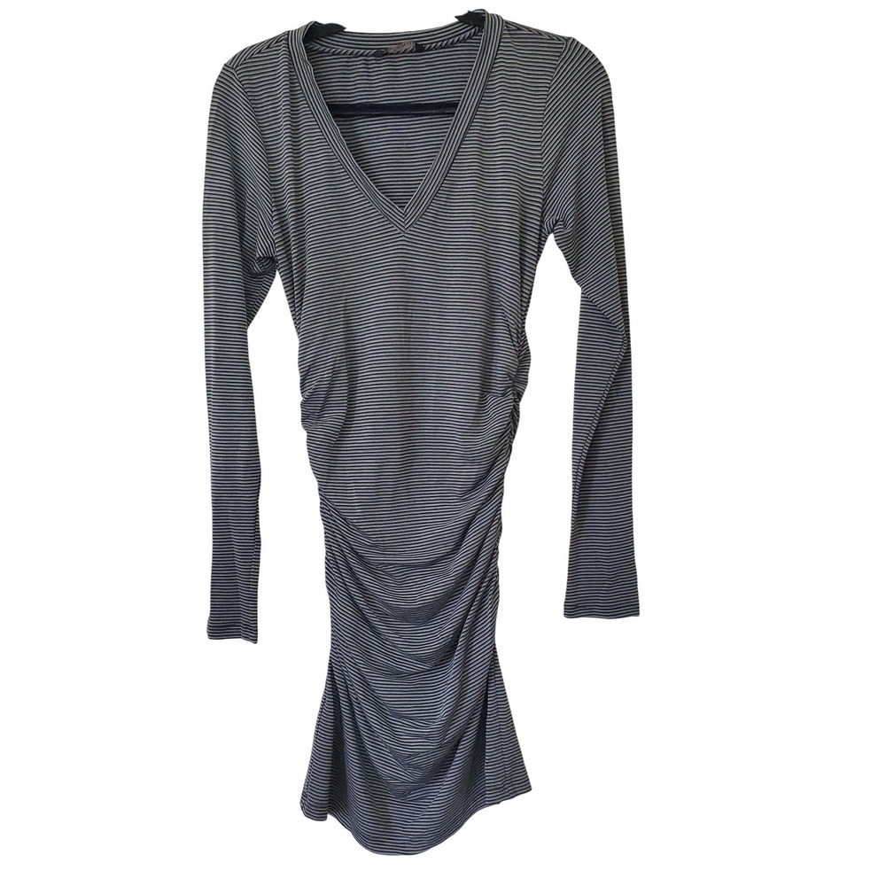 BLACK HALO Striped Ruched VNeck Long Sleeve Midi Dress Womens S Bodycon Tight